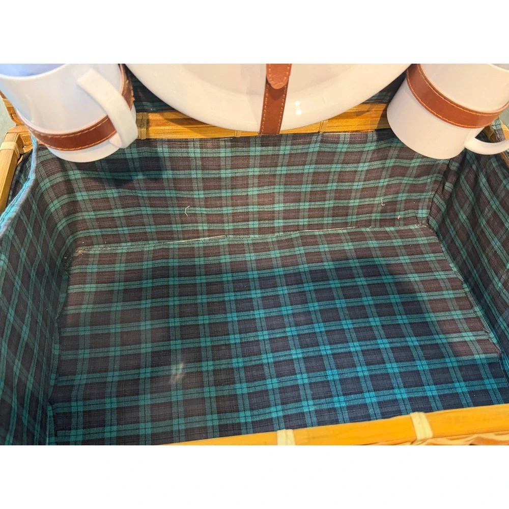 Vintage Mid-Century Woven Bamboo Picnic Basket Suitcase Plaid Lining Dining Set